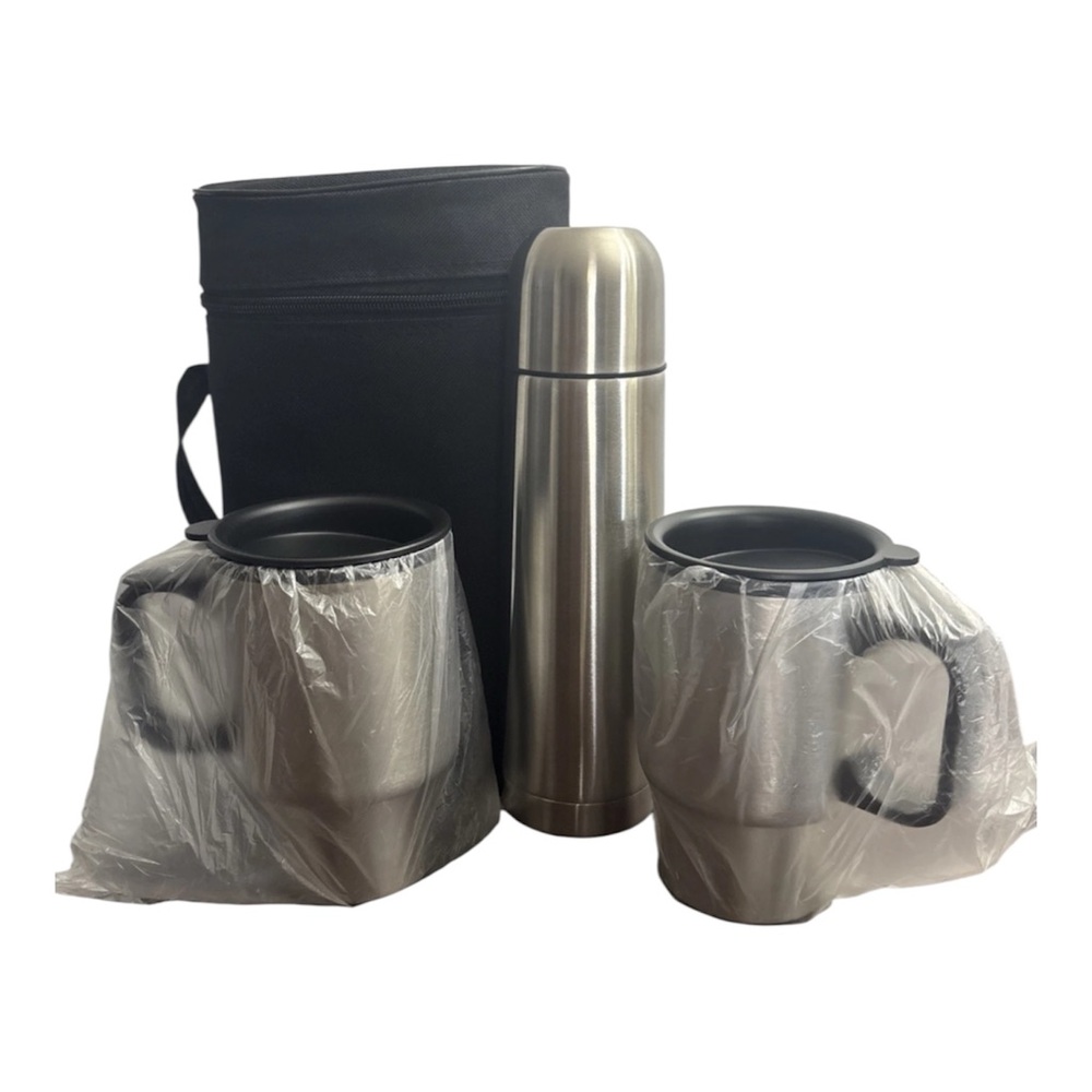 Stainless Steel Thermos Set with Two Travel Mugs - Silver